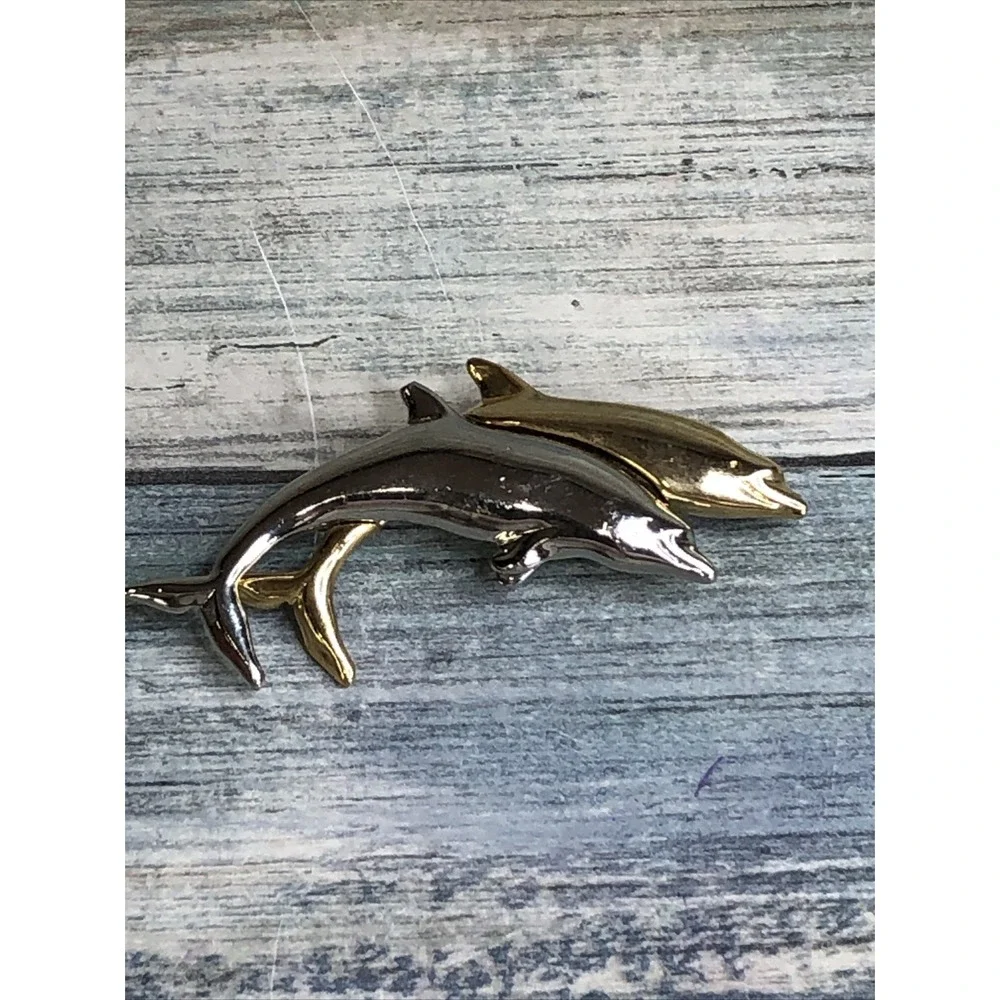 Vintage LIZ CLAIBORNE BROOCH PIN Silver & Gold‎ Tone DOUBLE DOLPHINS JUMPING